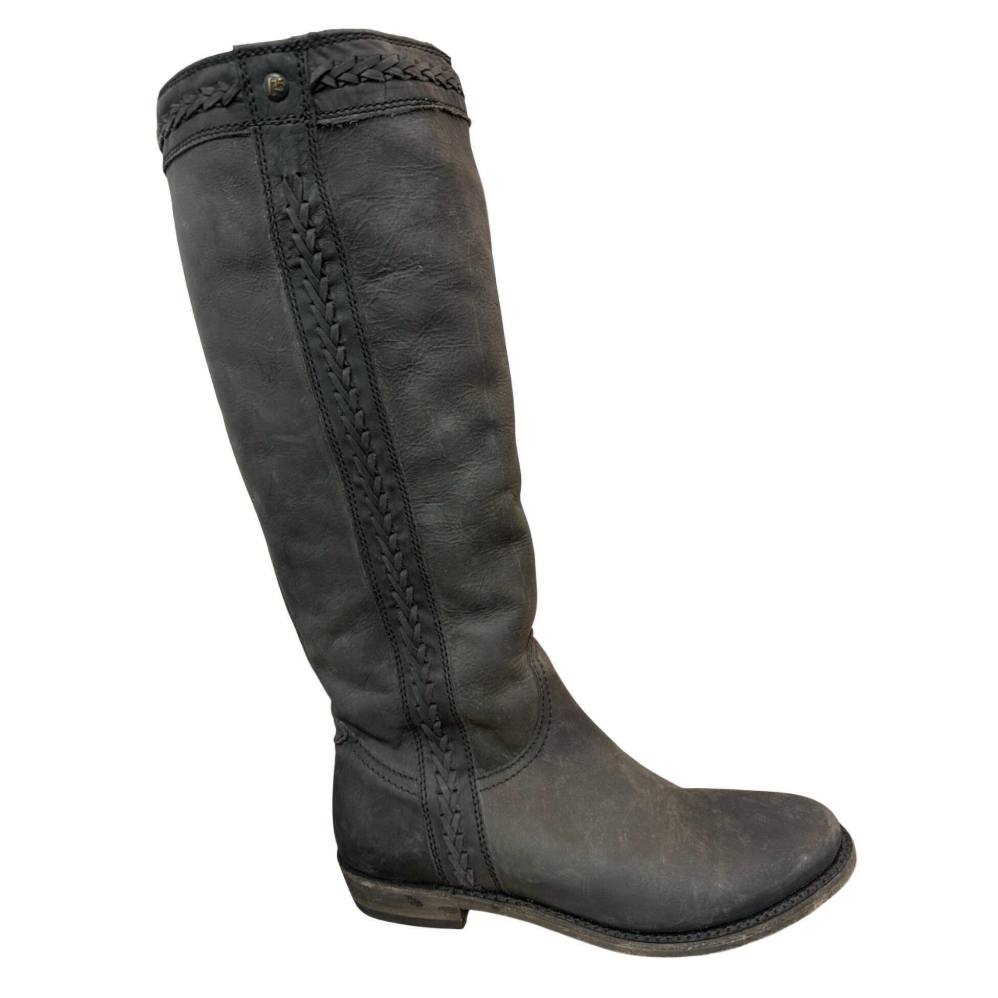 New Liberty Black Women's Tall Braided Leather Boots In Stone Wash